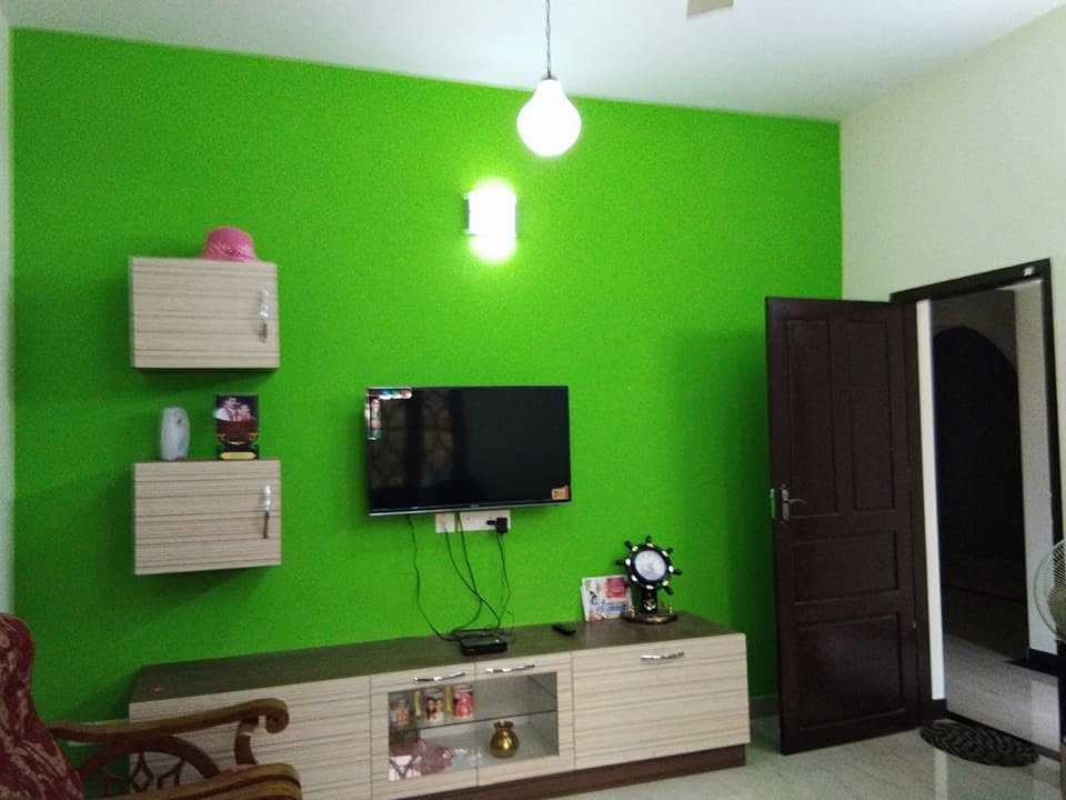 Completed living room with green feature wall and fitted television unit