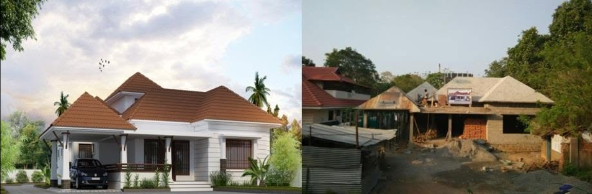 Home 5: architectural design on the left and on-site building photograph on the right