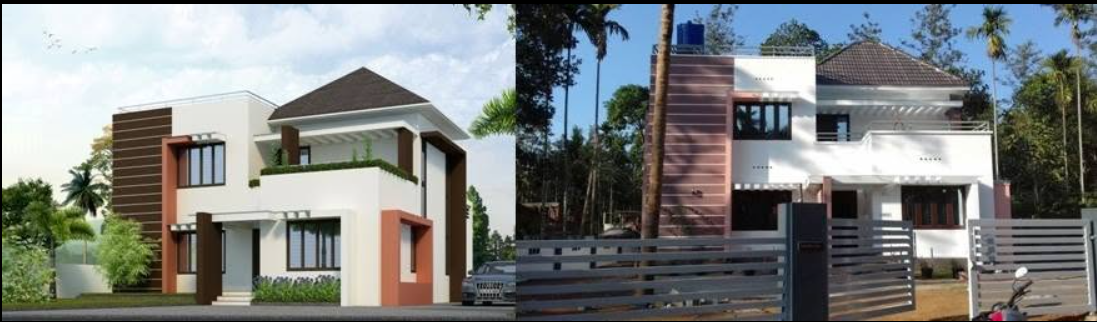 Home 2: architectural design on the left and on-site building photograph on the right