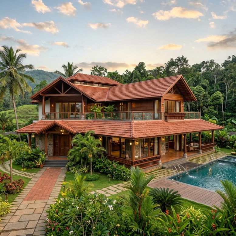 Kerala-style timber home with clay-tiled roofs, wide verandah, pool and tropical garden