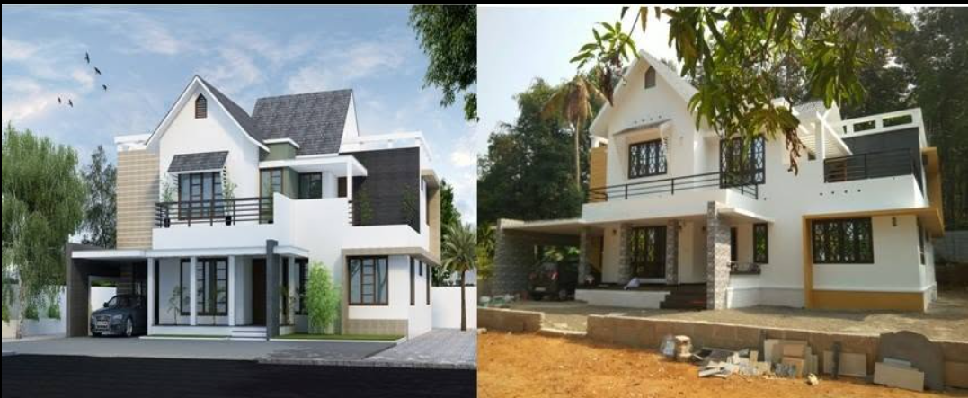 Home 1: architectural design on the left and on-site building photograph on the right