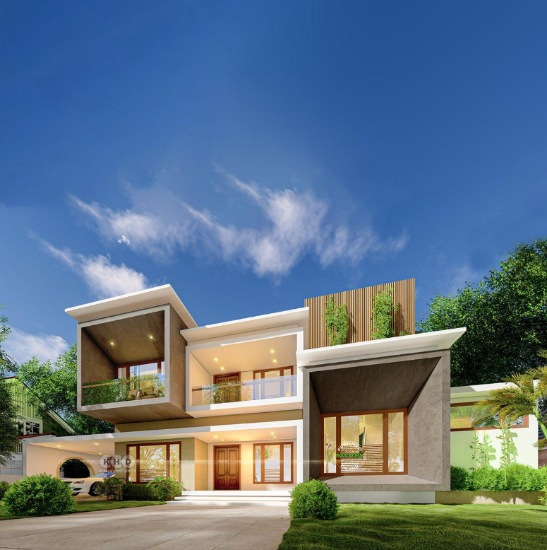 White contemporary house with cantilevered balconies and a vertical green screen