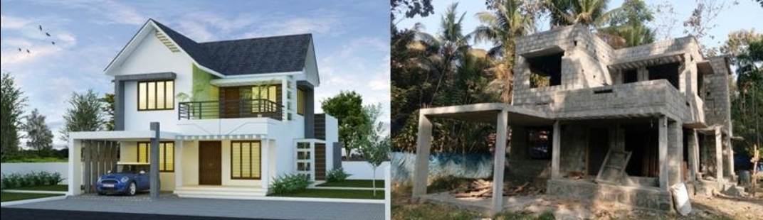 Home 3: architectural design on the left and on-site building photograph on the right