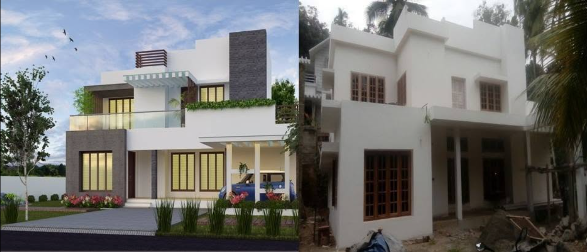 Home 4: architectural design on the left and on-site building photograph on the right