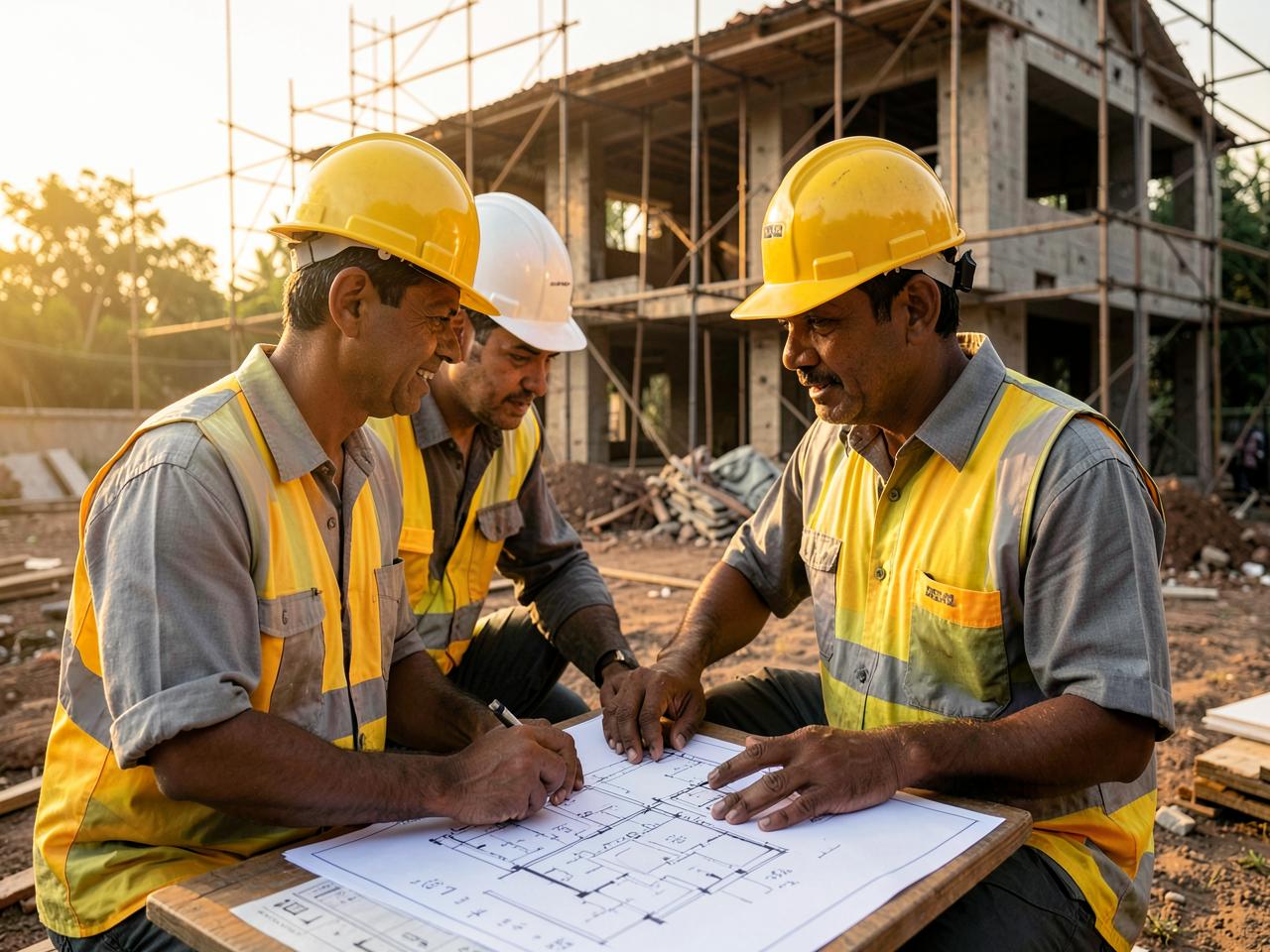 Aditi Homes engineers reviewing blueprints on a construction site